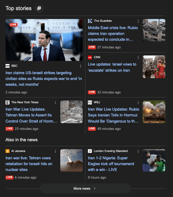 Google Top Stories showing Live Blog results with LIVE badges